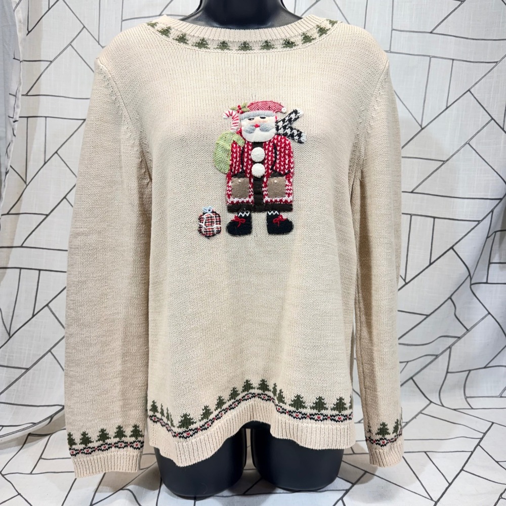 Christopher & Banks Sweater Medium Tan Santa Hand Embroidered Christmas Holiday